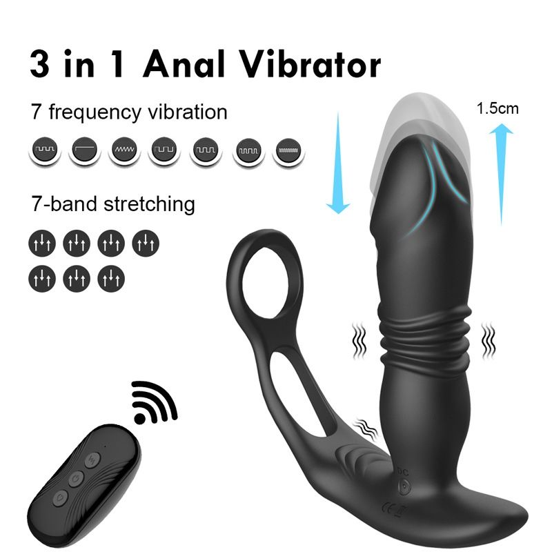 Thrusting Silicone Butt Plug with Cockring and Remote